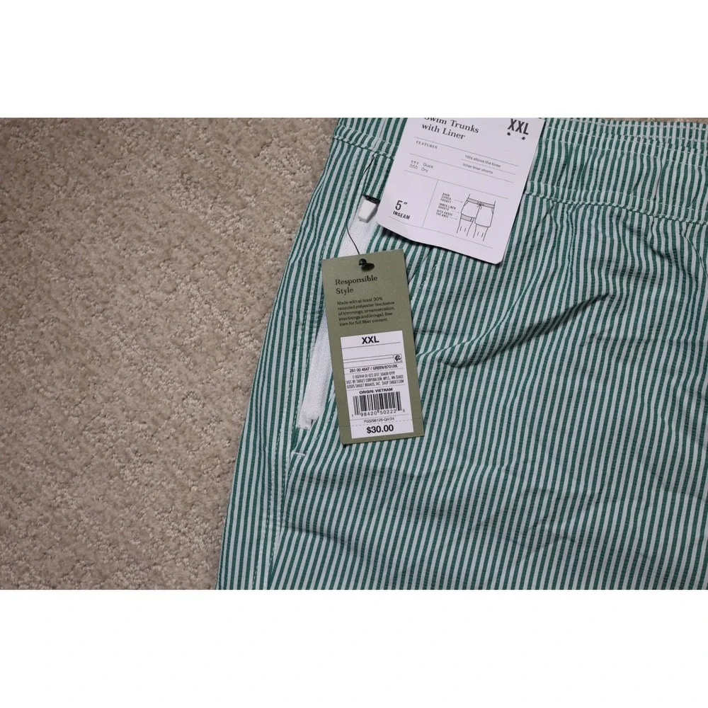 Goodfellow & Co Mens Green White Striped Swim Trunks 5 Inch Inseam XXL NWT
